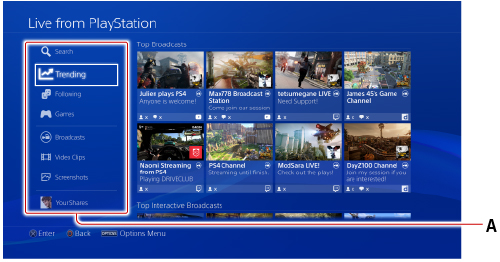 Экран приложения «Прямой эфир с PlayStation». Маркировка: A.