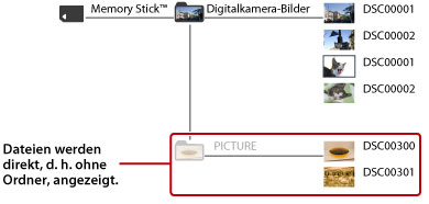 Im Ordner DCIM gespeicherte Ordner und Bilddateien werden angezeigt. Im Ordner PICTURE enthaltene Bilddateien werden direkt angezeigt, ohne dass Ordner angezeigt werden.