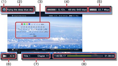 Status/information display while playing video. Labeled 1 through 8 starting from the top left.