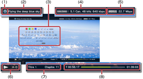 Affichage d'état/informations pendant la lecture d'une vidéo. Indications de 1 à 8 en partant du coin supérieur gauche.