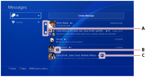 訊息一覽的畫面。由上起依序為A到C。
