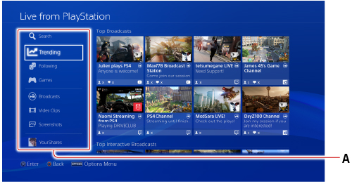 Layar Live from PlayStation. Diberi label A.