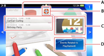 LiveArea screen for Calendar. Labeled A through D starting from the top.