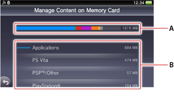 Schermata Gestisci contenuto su Memory Card. Etichetta A e B partendo dalla parte superiore.