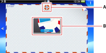 Schermata LiveArea per Email. Etichetta A e B partendo dalla parte superiore.