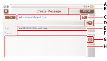 Skærm til oprettelse af meddelelser. Mærket A til H startende fra toppen.