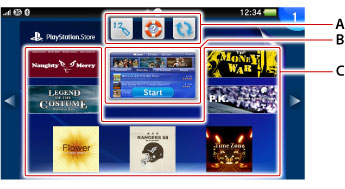 PS Store的LiveArea。由上起依序為A到C。