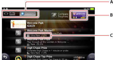 Skærm der viser trophy-oplysninger, som er gemt på dit PlayStation Network. Mærket A til C startende fra toppen.