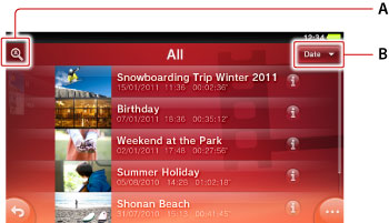 Écran Liste de vidéos. Indications A et B en partant du haut.