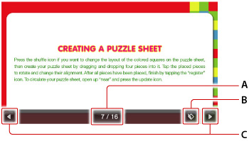 Software-Handbuch-Bildschirm. Beschriftet mit A bis C, beginnend oben.