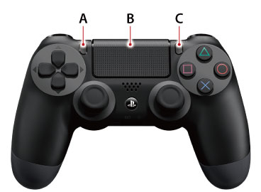DUALSHOCK 4 무선 컨트롤러. 왼쪽부터 A에서 C까지