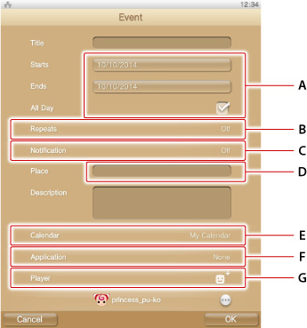 Create new Event screen. Labeled A through G starting from the top.