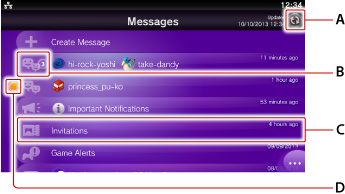 訊息的一覽畫面。由上起依序為A到D。