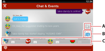 派對的聊天畫面。由上起依序為A到C。