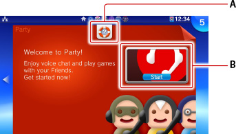 Écran LiveArea de Party. Indications A et B en partant du haut.