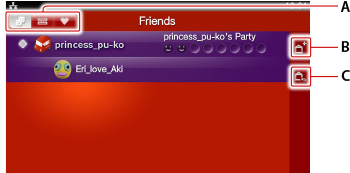 派對的一覽畫面。由上起依序為A到C。