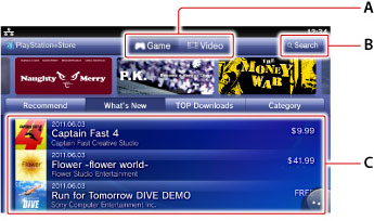 PS Store-skærm. Mærket A til C startende fra toppen.