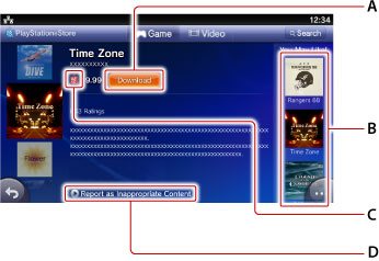 Skærm med oplysninger om indhold. Mærket A til D startende fra toppen.