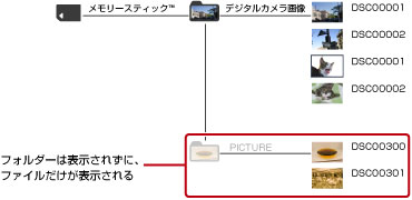 DCIMフォルダーに保存されたフォルダーと画像ファイルが表示される。PICTUREフォルダーは表示されず、そのフォルダーに含まれる画像ファイルだけが表示される。