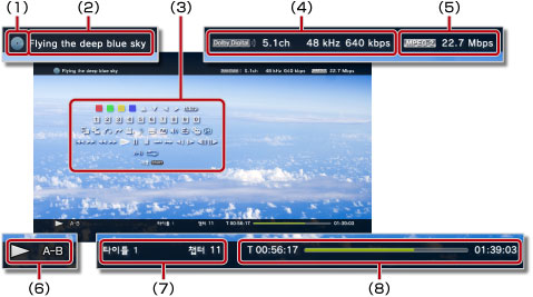 비디오 재생 중 상태/정보 표시. 왼쪽 위에서부터 1에서 8까지.