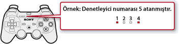 Kontrol cihazının üstündeki bağlantı noktası göstergesinin resmi. Beşinci bir kontrol cihazı atandığında, 1 ve 4 bağlantı noktası göstergeleri yanar