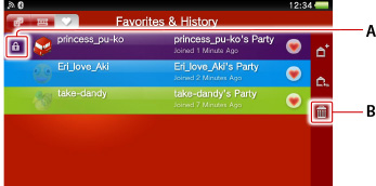 Favorite parties screen. Labeled A and B starting from the top.