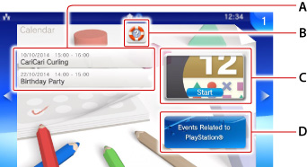 LiveArea-skjermbilde for kalender. Merket med A til og med D fra toppen.