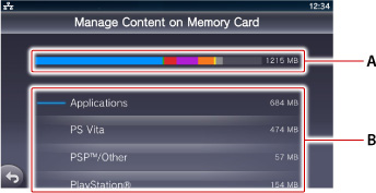 Manage Content on Memory Card screen. Labeled A and B starting from the top.