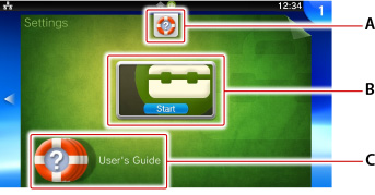 LiveArea screen for Settings. Labeled A through C starting from the top.