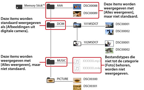 Alle mappen en beeldbestanden die tot de fotocategorie behoren, worden weergegeven.