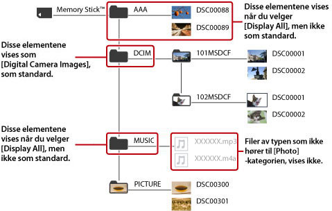 Alle mapper og bildefiler som tilhører fotokategorien, vises.